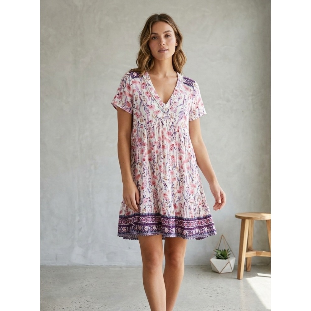 Knox Rose Boho Floral Babydoll V-Neck Pom Pom Trim Mini Dress Large